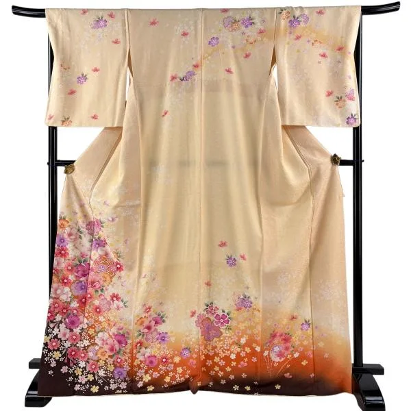 訪問着 身丈171cm 裄丈67.5cm L 袷 手鞠 草花 金通し 金彩 薄オレンジ 正絹 名品 中古