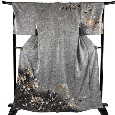 訪問着 身丈165cm 裄丈68.5cm L 袷 草花 霞 金彩 ぼかし 灰色 正絹 秀品 中古