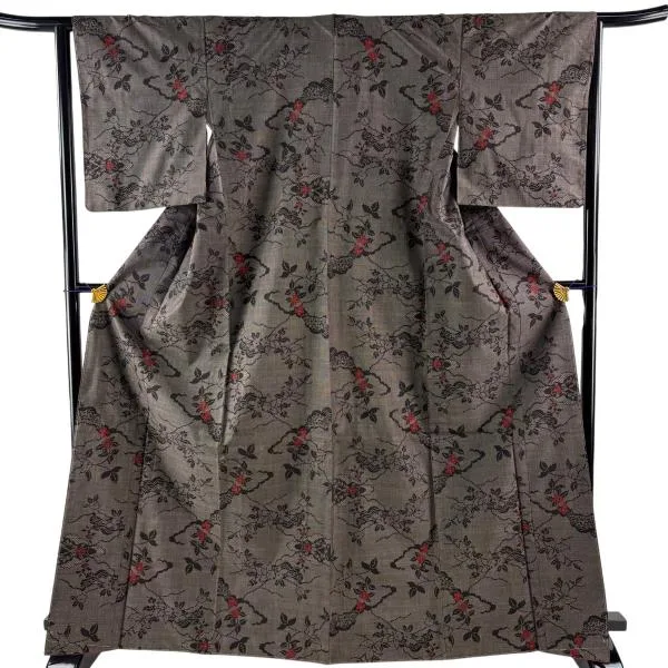 美品 大島紬 身丈168.5cm 裄丈64cm M 袷 純泥染 証紙あり 枝花 焦茶色 正絹 秀品 中古