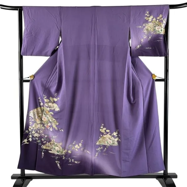 訪問着 身丈153.5cm 裄丈64.5cm M 袷 草花 笠松 刺繍 金銀彩 紫 正絹 秀品 中古
