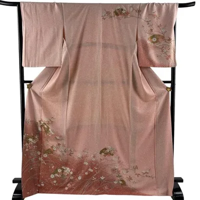 美品 訪問着 身丈169.5cm 裄丈67cm M 袷 扇面 橘花 金彩 ピンク 正絹 秀品 中古