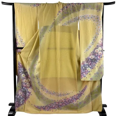 美品 振袖 身丈171cm 裄丈66cm M 袷 桜 桜の花弁 金彩 銀通し 黄色 正絹 名品 中古
