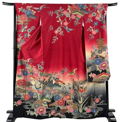 美品 振袖 身丈167cm 裄丈66cm M 袷 落款あり 家屋 草花 染め分け ぼかし 赤 正絹 名品 中古