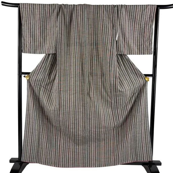 紬 身丈162.5cm 裄丈69.5cm L 袷 証紙あり 縦縞 灰色 正絹 秀品 中古