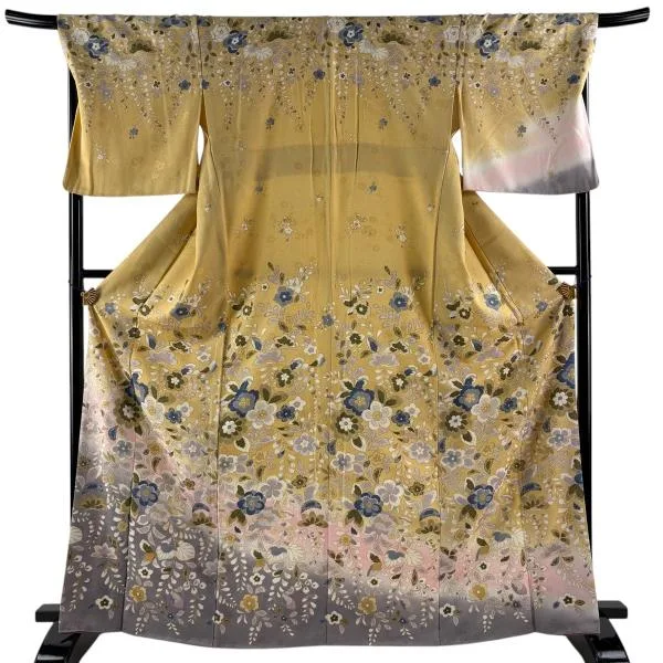 訪問着 身丈167cm 裄丈68cm L 袷 草花 金彩 ぼかし ベージュ 正絹 名品 中古
