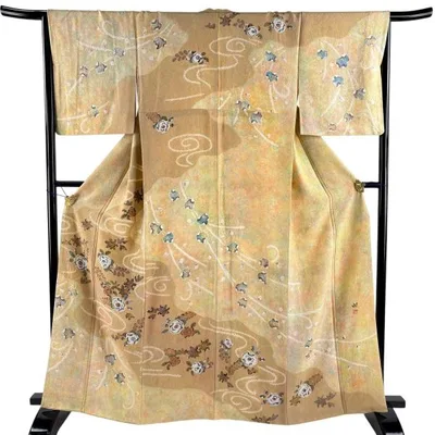 美品 訪問着 身丈165cm 裄丈66cm M 袷 落款あり 辻が花柄 流水 絞り 薄オレンジ 正絹 名品 中古