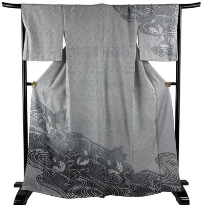 訪問着 身丈165.5cm 裄丈67.5cm L 袷 鴛鴦 流水 絞り 灰色 正絹 名品 中古