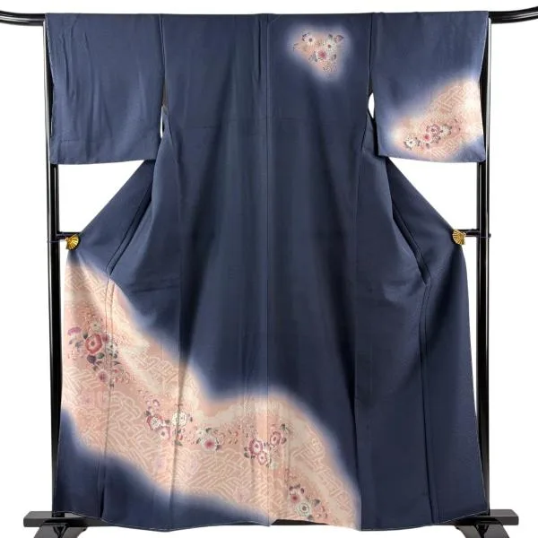 美品 訪問着 身丈159.5cm 裄丈66cm M 袷 やまと 辻が花柄 雲文 ぼかし 濃紺 正絹 名品 中古