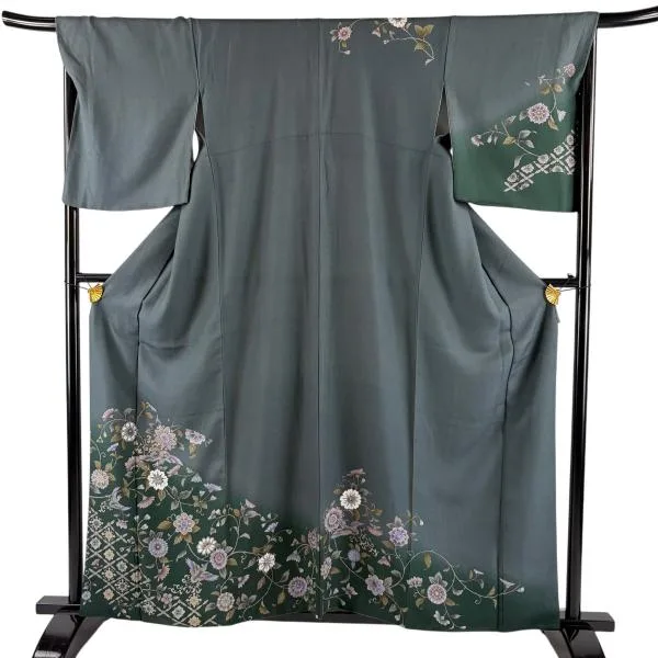 訪問着 身丈159.5cm 裄丈67.5cm L 袷 花唐草 鳥 銀彩 灰緑 正絹 秀品 中古
