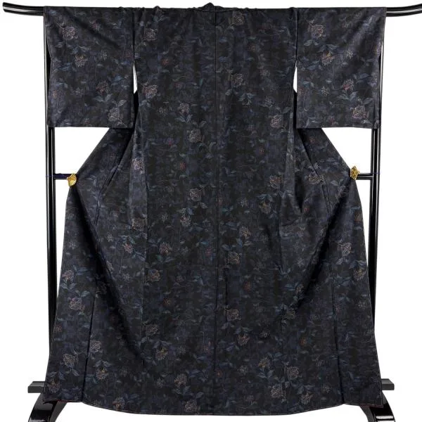美品 大島紬 身丈167cm 裄丈68cm L 袷 都喜ヱ門 証紙あり 草花 泥染 黒 正絹 逸品 中古