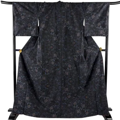 美品 大島紬 身丈167cm 裄丈68cm L 袷 都喜ヱ門 証紙あり 草花 泥染 黒 正絹 逸品 中古