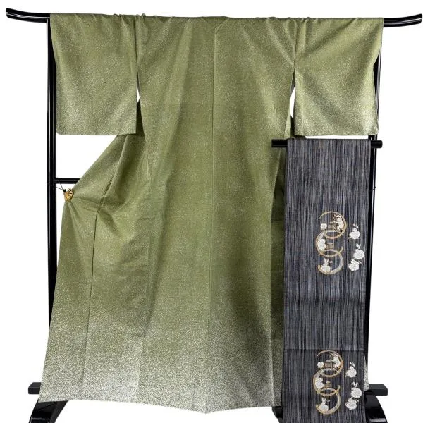 美品 付下げ 身丈163.5cm 裄丈67.5cm L 袷 袋帯セット 紬地 ぼかし よもぎ色 正絹 名品 一つ紋 中古
