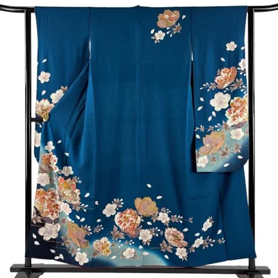 振袖 身丈153.5cm 裄丈61cm S 袷 草花 土車 金彩 ぼかし 藍色 正絹 秀品 中古