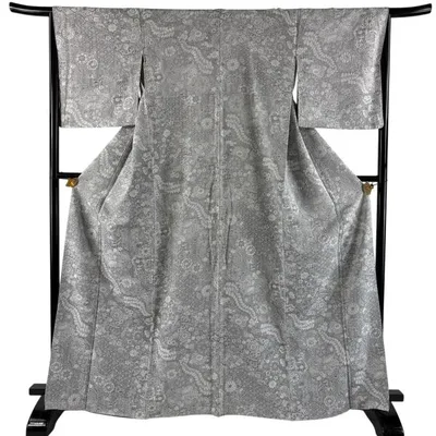 美品 小紋 身丈167cm 裄丈65cm M 袷 紋意匠 草花 菱 灰色 正絹 逸品 中古