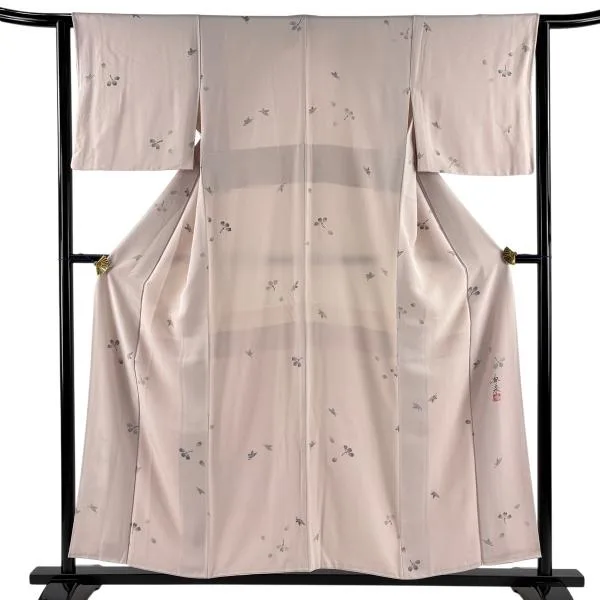 小紋 身丈154cm 裄丈63cm S 袷 落款あり 桜 楓 薄ピンク 正絹 秀品 中古