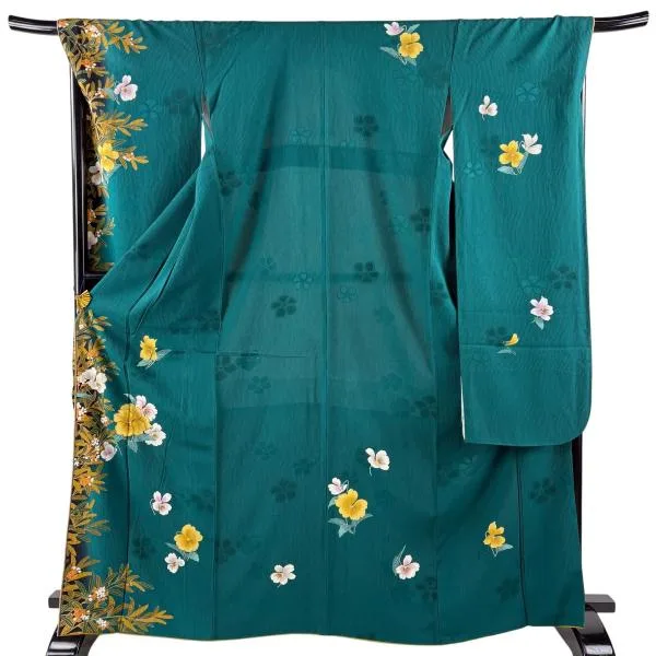 振袖 身丈167cm 裄丈69cm L 袷 草花 地紋 金糸 金彩 緑 正絹 秀品 中古