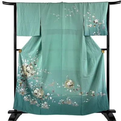 訪問着 身丈160cm 裄丈65cm M 袷 落款あり 草花 金銀彩 ぼかし 灰緑 正絹 秀品 中古