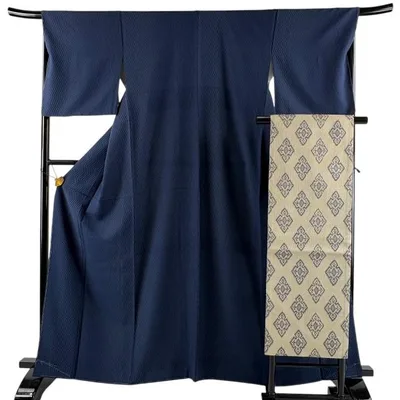 美品 小紋 身丈163cm 裄丈67cm M 袷 名古屋帯セット 幾何学 紺色 正絹 秀品 中古
