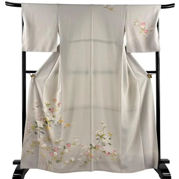 訪問着 身丈165cm 裄丈67cm M 袷 ますいわ屋 草花 灰色 正絹 秀品 中古