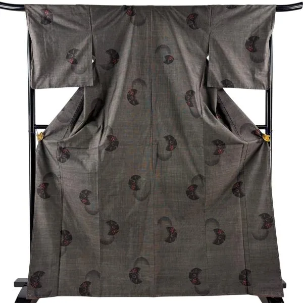 美品 紬 身丈167.5cm 裄丈67.5cm L 袷 草花 月 焦茶色 正絹 優品 中古