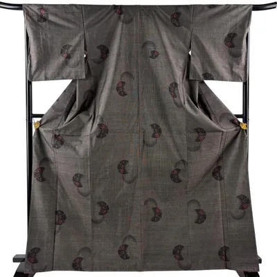 美品 紬 身丈167.5cm 裄丈67.5cm L 袷 草花 月 焦茶色 正絹 優品 中古