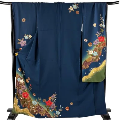 振袖 身丈167cm 裄丈68cm L 袷 手鞠 草花 箔 金彩 紺色 正絹 秀品 中古