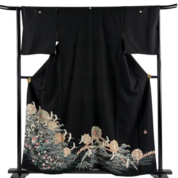 黒留袖 身丈158cm 裄丈65cm M 袷 落款あり 鶴 華文 金彩 黒 正絹 秀品 中古