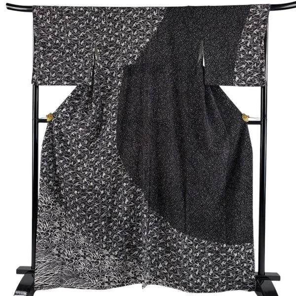 訪問着 身丈164.5cm 裄丈68cm L 袷 草花 松皮菱 黒 正絹 秀品 中古