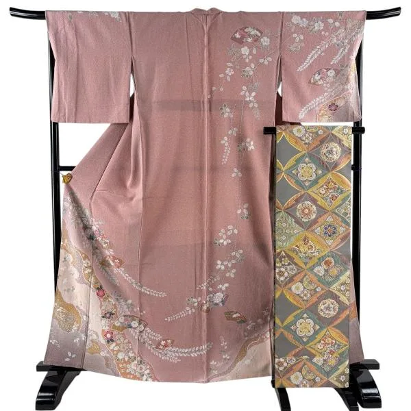 美品 訪問着 身丈163.5cm 裄丈67.5cm L 袷 袋帯セット 扇面 草花 金彩 ぼかし ピンク 正絹 名品 中古