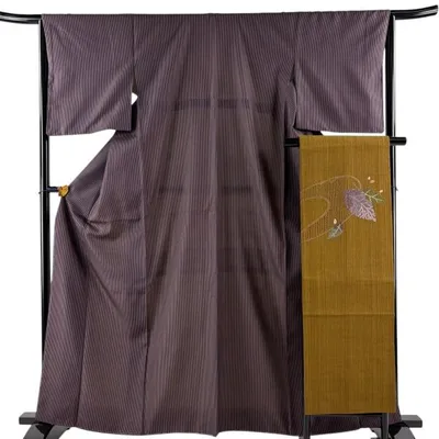 美品 小紋 身丈164cm 裄丈65cm M 袷 名古屋帯セット 竹縞 紫 正絹 秀品 中古