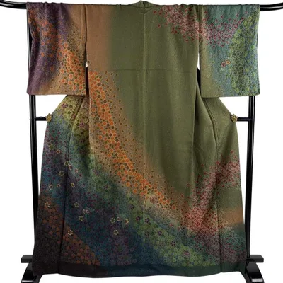 美品 訪問着 身丈166cm 裄丈70.5cm L 袷 花 金通し 絞り 青緑 正絹 名品 中古