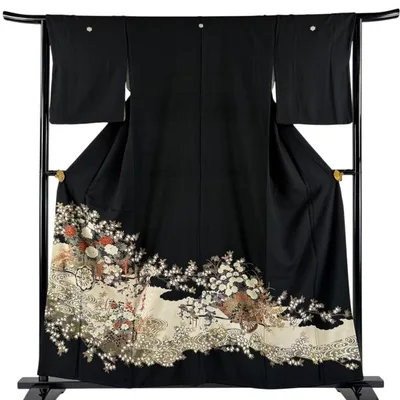 黒留袖 身丈157cm 裄丈64.5cm M 袷 花車 観世水 金糸 黒 正絹 優品 中古