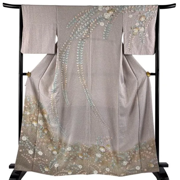 訪問着 身丈165cm 裄丈64.5cm M 袷 草花 絞り 金彩 薄小豆 正絹 名品 中古