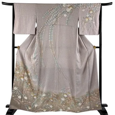 訪問着 身丈165cm 裄丈64.5cm M 袷 草花 絞り 金彩 薄小豆 正絹 名品 中古