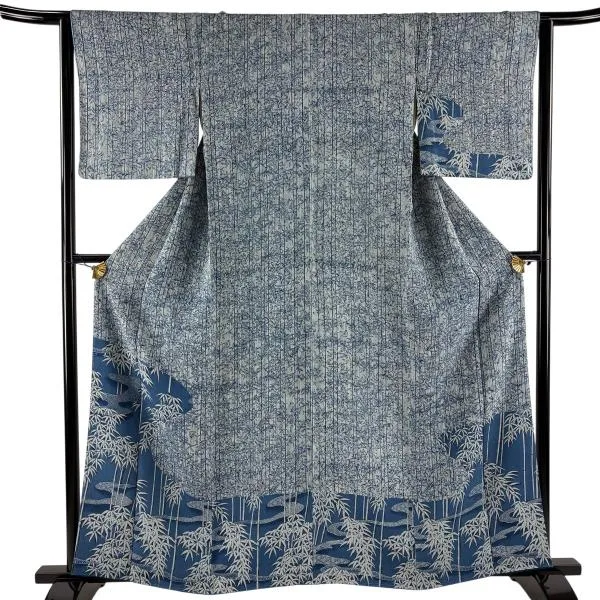 美品 訪問着 身丈161cm 裄丈63cm S 袷 笹 霞 青灰色 正絹 秀品 中古