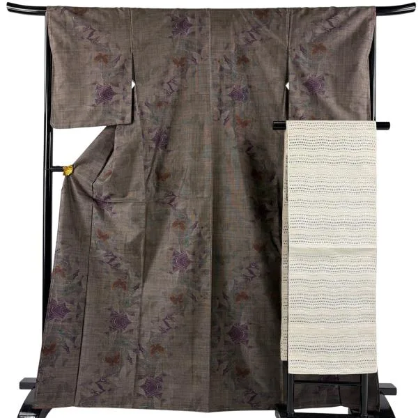 美品 大島紬 身丈159cm 裄丈66cm M 袷 名古屋帯セット 純泥染 証紙あり 蝶 流水 焦茶色 正絹 秀品 中古