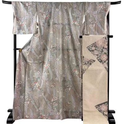 美品 小紋 身丈170cm 裄丈70.5cm L 袷 袋帯セット やまと 辻が花柄 金彩 灰茶 正絹 秀品 中古