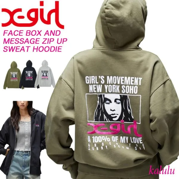 エックスガール X-girl パーカー レディース ジップアップ FACE BOX AND MESSAGE ZIP UP SWEAT HOODIE スウェット 105263012013
