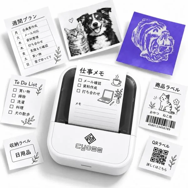 匡正 cyose 1台5役 ミニプリンター ラベルプリンター 感熱式 Bluetooth対応 203dpi 最大56mm幅 タトゥー転写紙20枚付属 インク不要 スマホ対応 C50