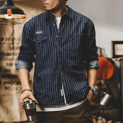 ワークシャツ シャツ メンズ デニムシャツ 長袖シャツ メンズシャツ アメカジ ストライプシャツ 柄シャツ 厚手 紺 秋服 ストライプ柄 ビッグシルエット 春 春服