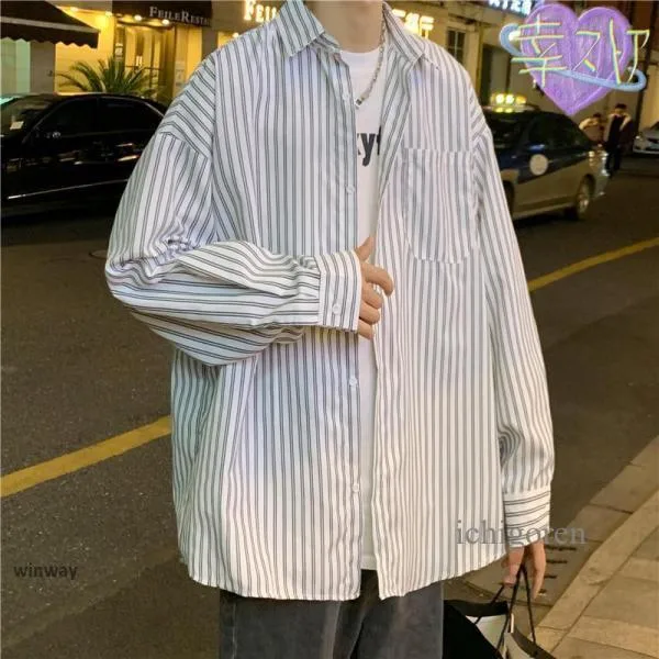シャツ メンズ 長袖 オーバーサイズ ビッグシルエット ストライプ 柄 前開き 大きいサイズ 2XL オーバー ボタン カジュアルシャツ 春 秋