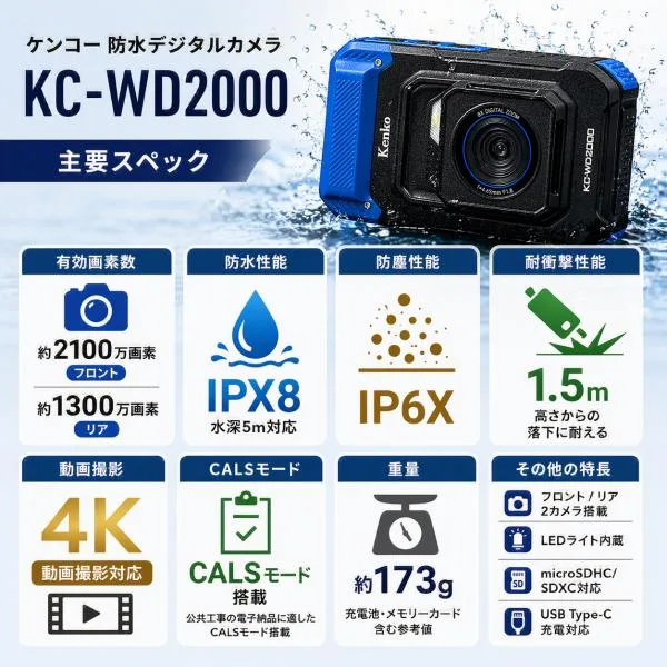 即配 (KT) KC-WD2000 防水デジタルカメラケンコー KENKO CALSモード対応 防水・防塵・耐衝撃 工事写真 現場カメラ 建設現場 建築現場 工事現場 ビジネス 仕事用