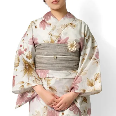 浴衣 ボタニカルフラワー ピンク オフ白 ベージュ ニュアンスカラー 花 レディース 綿 女性用 仕立上がり 単品 セパレート 兵児帯 セット 二部式浴衣 ゆかた