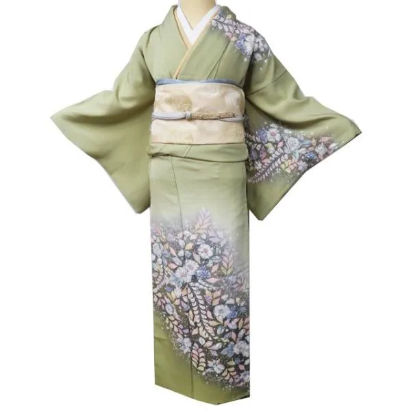 訪問着 着物 中古 正絹 袷 フォーマル 辻が花 絞り 若菜色 多色 身丈154cm 裄63.5cm SA きもの北條 A1053-8