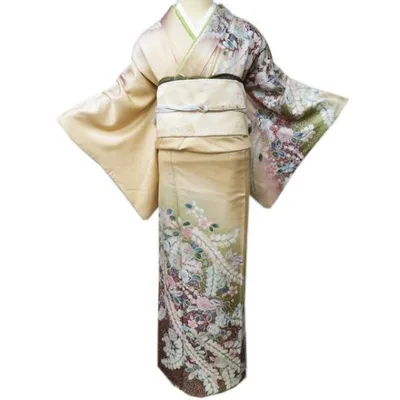 訪問着 着物 中古 正絹 袷 フォーマル 花模様 地模様 辻が花模様 淡香色 多色 身丈163cm 裄68cm L きもの北條 A1137-10