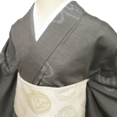 結城紬 着物 未使用 正絹 袷 カジュアル 流水模様 鶸茶色 身丈170.5cm 裄64.5cm L トール ワイド きもの北條 A1176-5
