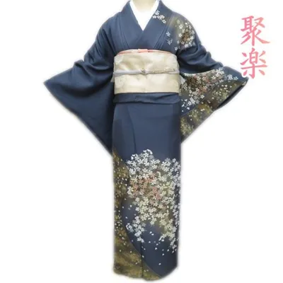 訪問着 着物 中古 正絹 袷 紋付き 聚楽 落款 桜模様 錆鉄御納戸色 多色 金 身丈169.5cm 裄69cm L トール きもの北條 A1196-8