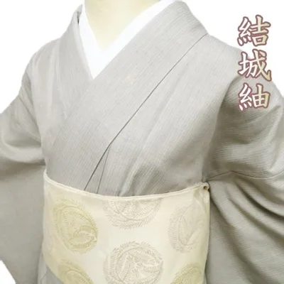 特選 結城紬 着物 中古 正絹 袷 カジュアル 縦縞模様 ストライプ 丸模様 白茶色 薄緑色 身丈153cm 裄65cm SA きもの北條 A1219-2