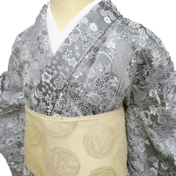 小紋 着物 未使用 正絹 袷 カジュアル 天目織 花模様 鼠色 身丈160cm 裄62cm M きもの北條 A1221-2
