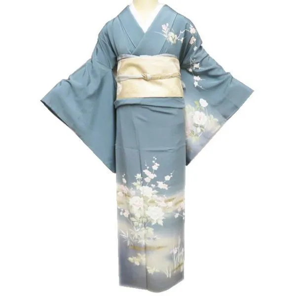 訪問着 着物 中古 正絹 袷 フォーマル 落款 花の図 錆浅葱色 多色 金銀 身丈166cm 裄68cm L トール きもの北條 A1225-12